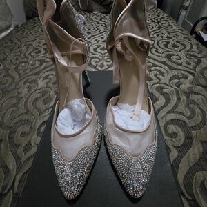 Betsey Johnson Blush Pink Rhinestone Pointed-Toe Ankle-Tie Heels